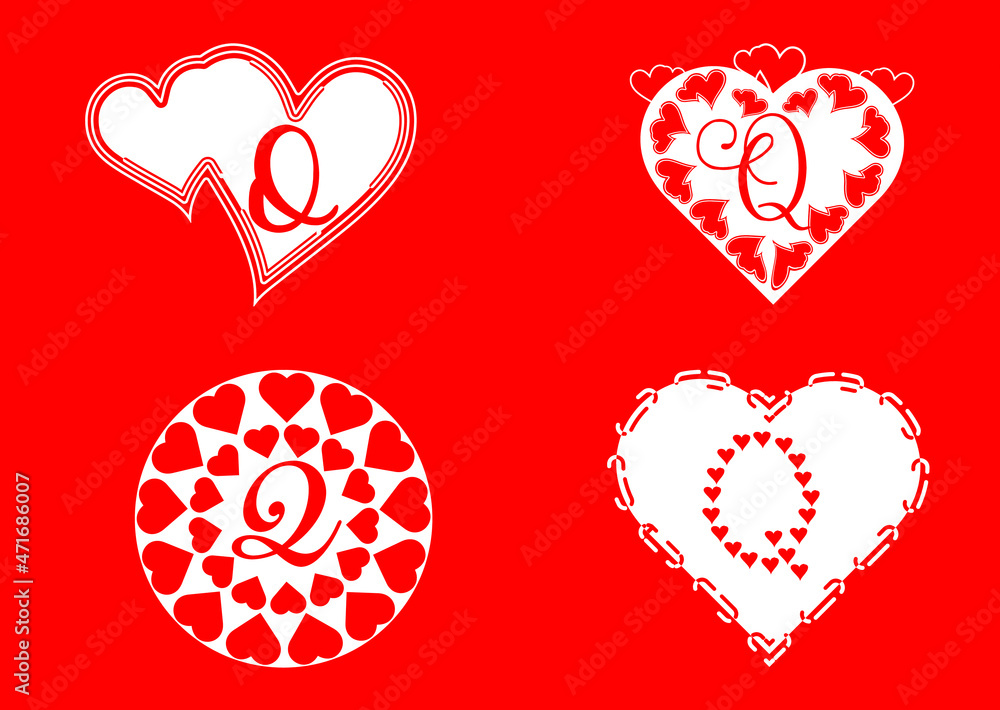 Q letter logo with love icon, valentines day design template