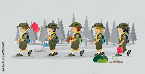 Children in Boy Scout costumes go on an adventure in the forest.