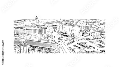 Building view with landmark of Liepaja is the  city in Latvia. Hand drawn sketch illustration in vector.