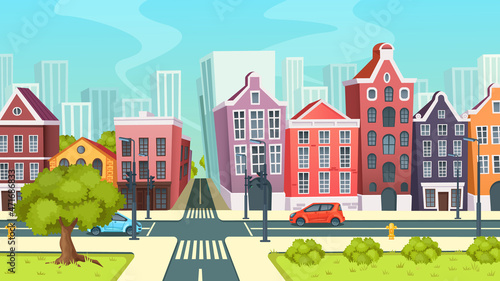 City road with crossroads, quarter street, low-rise area city center