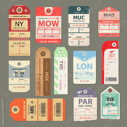 Set of beautiful vintage luggage tag, vintage retro travel label.