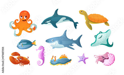 Sea animals set. Nautical undersea shellfish, fish, mammals. Childish dolphin, shark, octopus