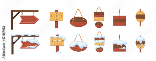 Standing and hanging wooden sign board set. Directional billboard place identity covered by snow