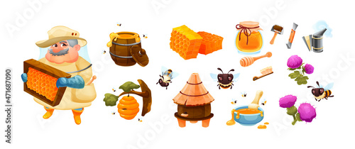 Honey in wooden barrel and can set. Man beekeeper apiary owner in uniform costume holding honeycomb