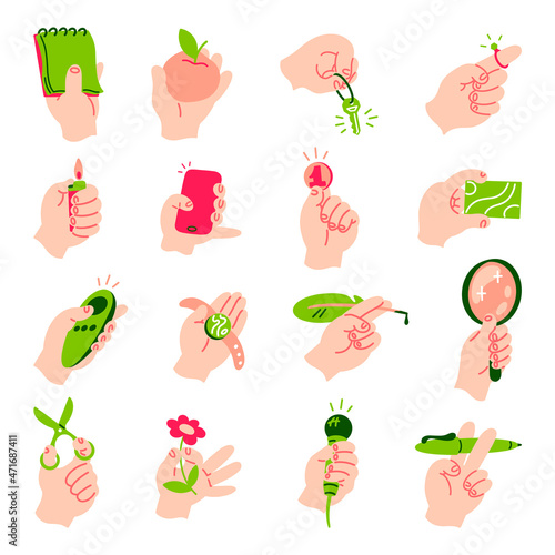 Minimalistic doodle hands holding card knife flower coin smartphone . Vector isolated graphic collection