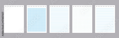 Lined note pages. Realistic notebook sketchbook and diary page with lines, grids an dots texture, school homework blank paper sheet. Vector set