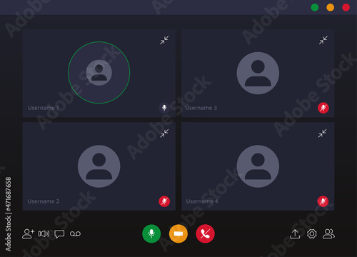 Web meeting and video conference application with buttons and user screen mockups. Vector incoming video call overlay