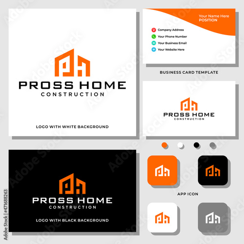 Letter PH monogram real estate logo design with business card template.