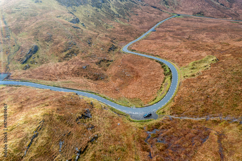 Aerial view of the R256 between Cnoc na Laragacha and the Muckish Mountain in County Donegal - Ireland