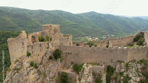 Aerial shot from the Puilaurens Cathar castle ruins with overview of the Canigo mountain, France. photo