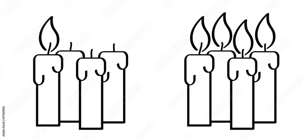 first, second or fourth advent day. Candle day on 11 december. Light fire lamp. Drawing, burning candle flame Vector pictogram. Earth hour, burning memorial candles, Old candlestick. Christmas xmas. 