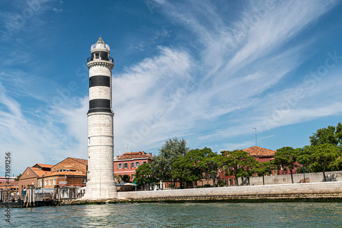ancient lighthouse of the island of Murano made of white stones. Punta Faro, Venice lagoon, UNESCO world heritage site, Veneto, Italy, Europe