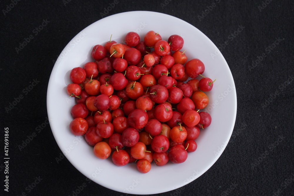 Malpighia glabra is a tropical fruit of the Malpighiaceae family. Acerola are among those with the highest levels of vitamin C; 100 g fresh juice contains up to approx. 1000-1500 mg of the vitamin. Malpighia glabra is a tropical fruit of the Malpighiaceae family. Acerola are among those with the highest levels of vitamin C; 100 g fresh juice contains up to approx. 1000-1500 mg of the vitamin.