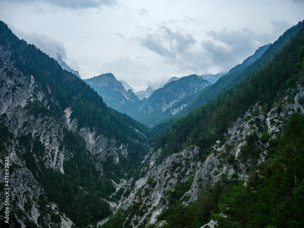 Misty alpine mountain view panorama in Slovenia
