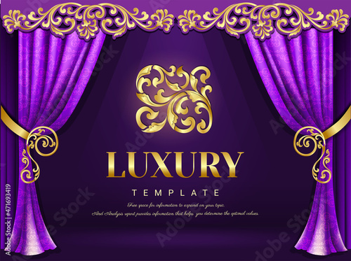 The luxury of purple fabric texture background, Baroque ornament. Square theater background.