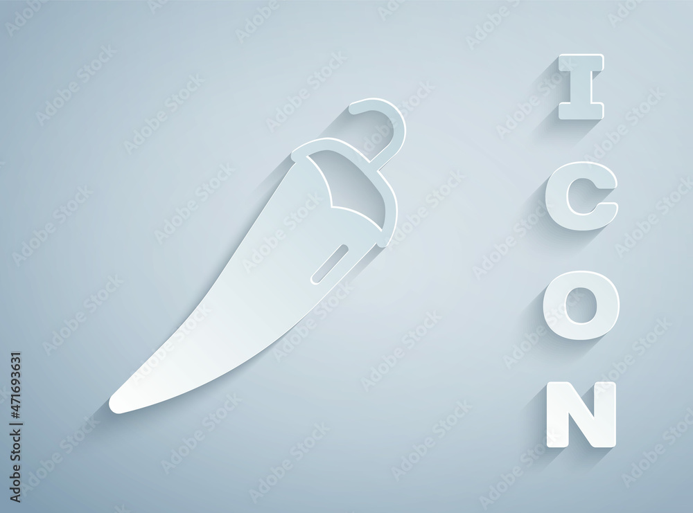 Paper cut Hot chili pepper pod icon isolated on grey background. Design for grocery, culinary products, seasoning and spice package, cooking book. Paper art style. Vector Paper cut Hot chili pepper pod icon isolated on grey background. Design for grocery, culinary products, seasoning and spice package, cooking book. Paper art style. Vector