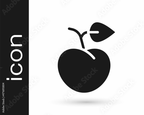 Black Peach fruit or nectarine with leaf icon isolated on white background. Vector