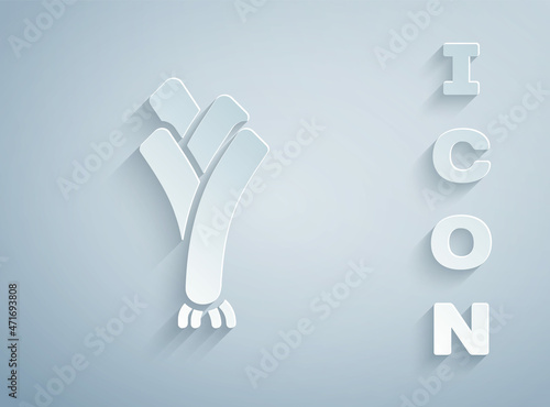 Paper cut Leek icon isolated on grey background. Paper art style. Vector