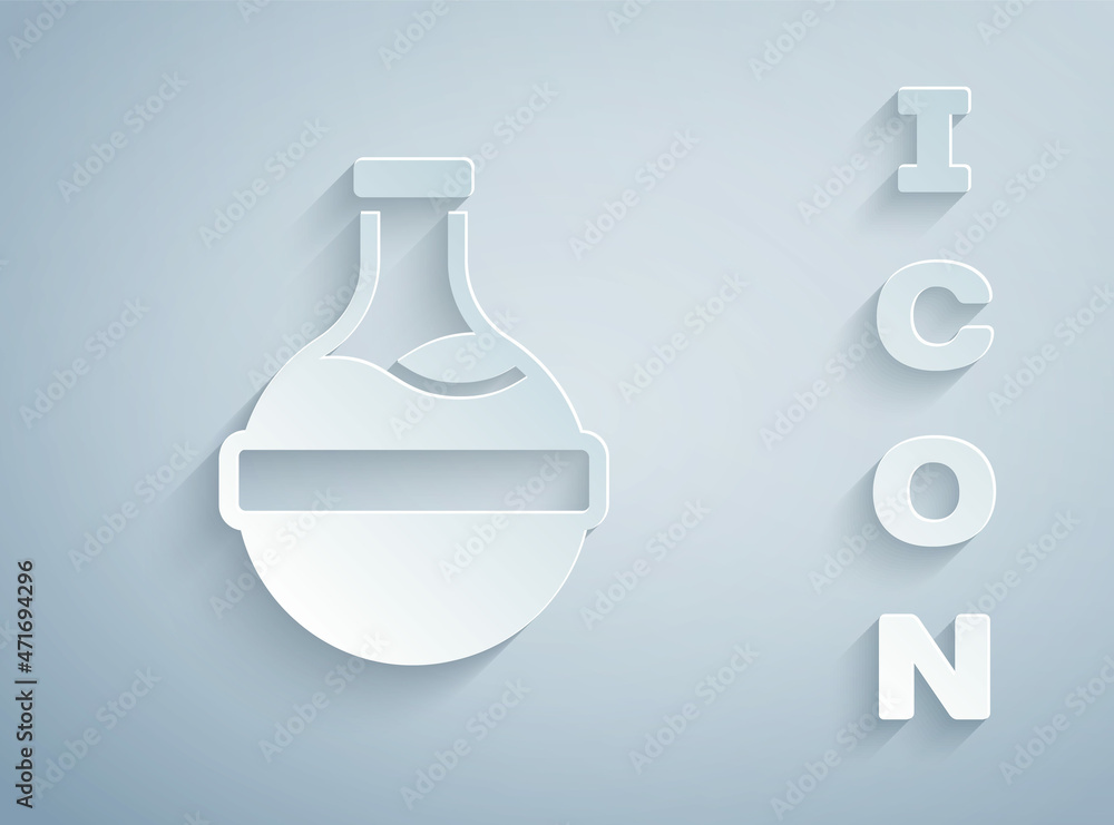 Paper cut Bottle with potion icon isolated on grey background. Flask with magic potion. Happy Halloween party. Paper art style. Vector Paper cut Bottle with potion icon isolated on grey background. Flask with magic potion. Happy Halloween party. Paper art style. Vector