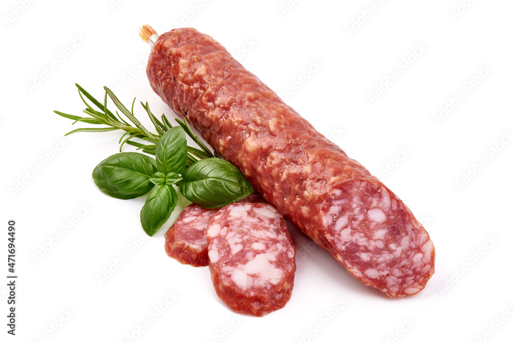 Cured salami with basil, isolated on white background. Cured salami with basil, isolated on white background.