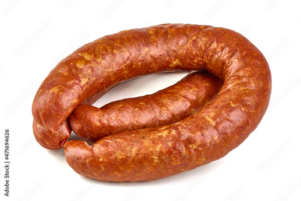 Smoked sausage circle, isolated on white background. Smoked sausage circle, isolated on white background.