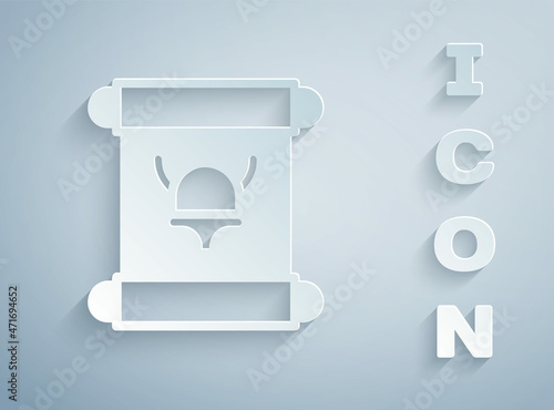 Paper cut Decree, paper, parchment, scroll icon icon isolated on grey background. Paper art style. Vector