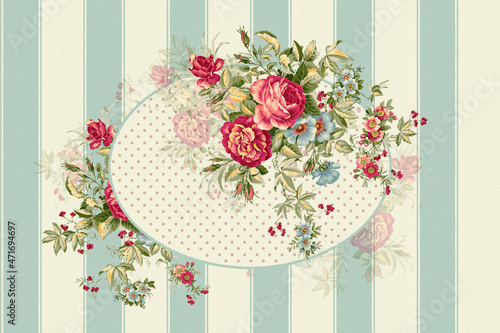Vintage roses on the background of oval, stripes and polka dots