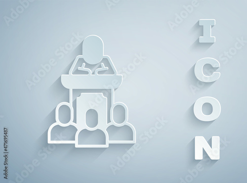Paper cut Auction auctioneer sells icon isolated on grey background. Auction business, bid and sale. Paper art style. Vector