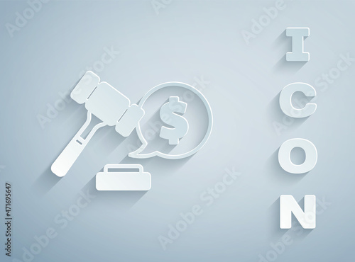 Paper cut Auction hammer price icon isolated on grey background. Gavel - hammer of judge or auctioneer. Bidding process, deal done. Auction bidding. Paper art style. Vector