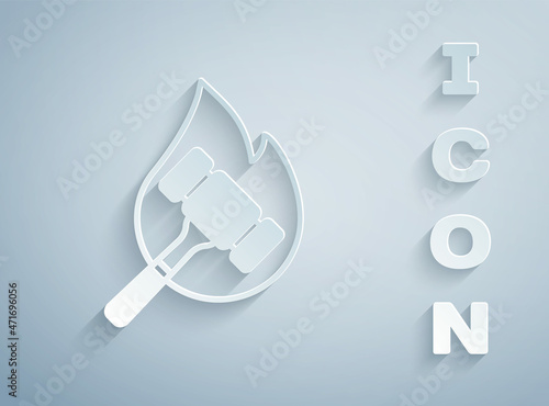 Paper cut Auction hammer icon isolated on grey background. Gavel - hammer of judge or auctioneer. Bidding process, deal done. Auction bidding. Paper art style. Vector