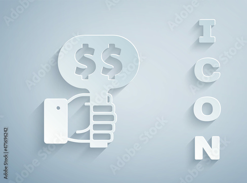 Paper cut Hand holding auction paddle icon isolated on grey background. Bidding concept. Auction competition. Hands rising signs with BID inscriptions. Paper art style. Vector