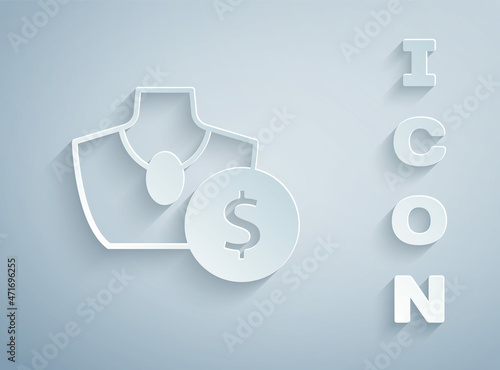 Paper cut Auction jewelry sale icon isolated on grey background. Auction bidding. Sale and buyers. Paper art style. Vector