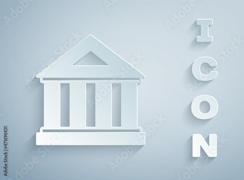 Paper cut Museum building icon isolated on grey background. Paper art style. Vector
