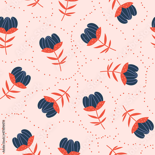 Contemporary seamless pattern with colorful abstract flowers. Floral design for fabrics, print, wallpaper, scrapbooking. Vector illustration