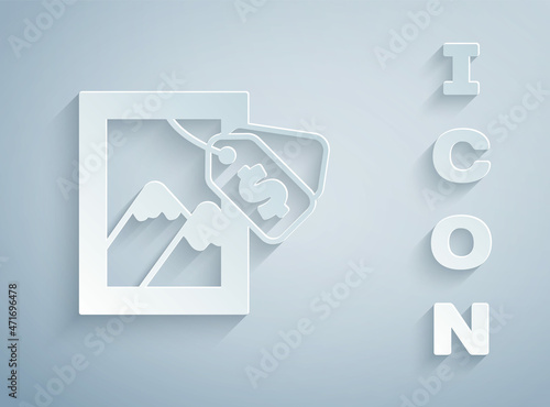 Paper cut Auction painting icon isolated on grey background. Auction bidding. Sale and buyers. Paper art style. Vector