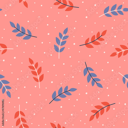 Floral seamless pattern with leaves on pink background. Simple design for fabrics, print, scrapbooking. Vector illustration