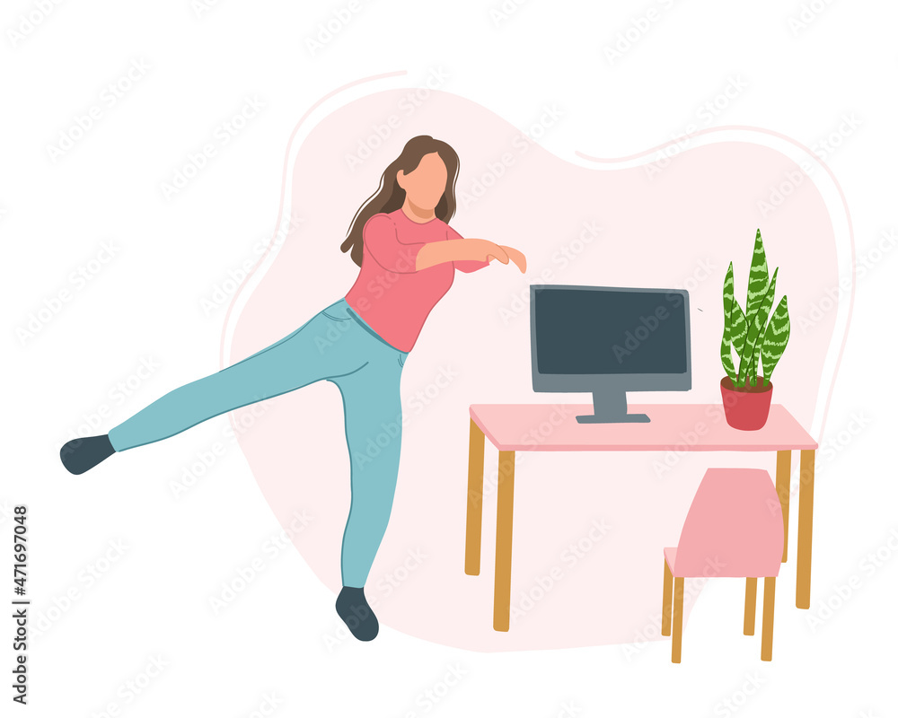 Office worker is doing exercises. A young woman does exercises and warms up near a table with a computer. Fitness. Healthy lifestyle, workout at home.
Workout in the office.
Flat vector.