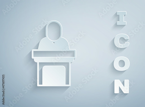 Paper cut Church pastor preaching icon isolated on grey background. Paper art style. Vector