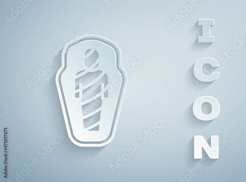 Paper cut Egypt mummy in sarcophagus icon isolated on grey background. Paper art style. Vector