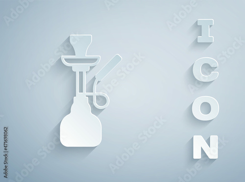 Paper cut Hookah icon isolated on grey background. Paper art style. Vector