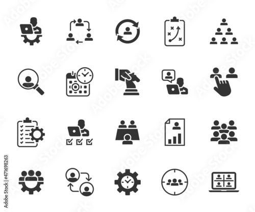 Vector set of management flat icons. Contains icons project management, coordination, online meeting, personnel management, team, skills, time management, remote management and more. Pixel perfect.
