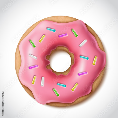 realistic vector icon. Pink sprinkled glazed doughnut. Isolated on white.