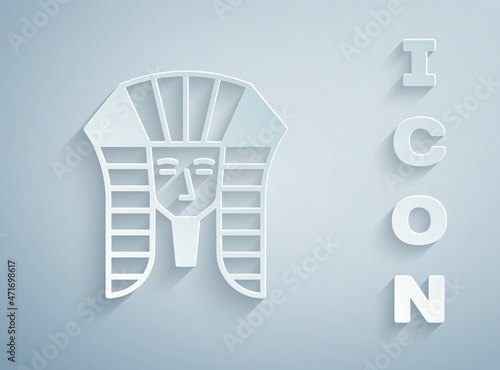 Paper cut Egyptian pharaoh icon isolated on grey background. Paper art style. Vector
