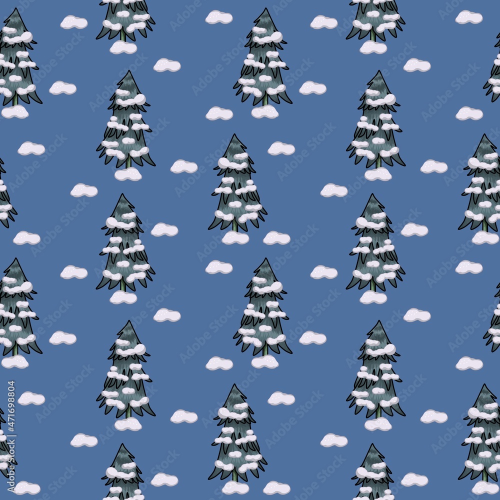 Forest firs, pines in the snow, print, seamless pattern on a blue background