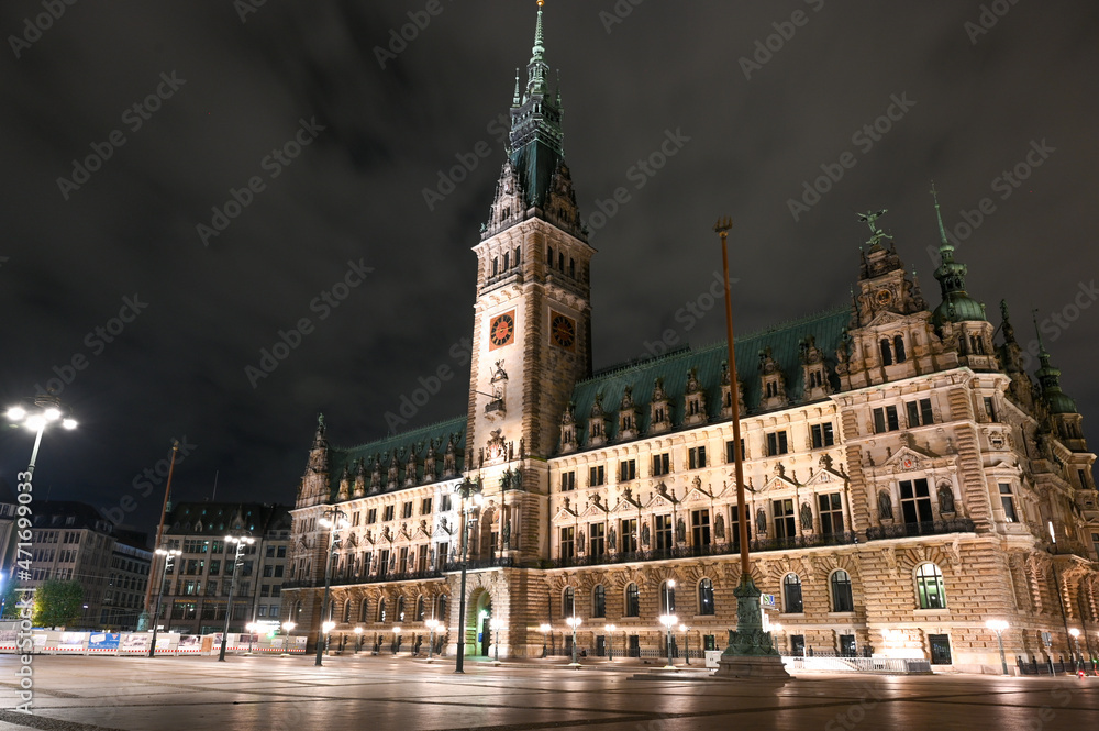 Hamburg, Germany. Townhall building and main city square at night.