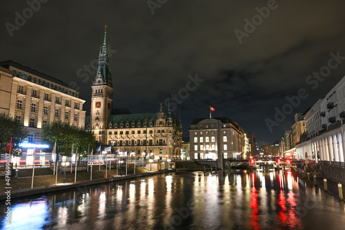 Hamburg, Germany. Townhall building and main city square at night. City centre.