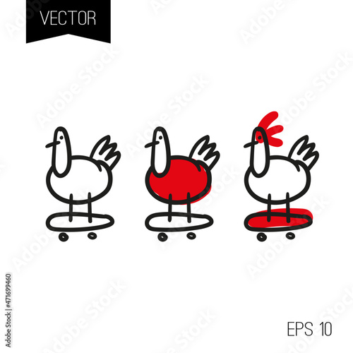 Cute hen cartoon character on skateboard. Logo t-shirt print vector illustration.