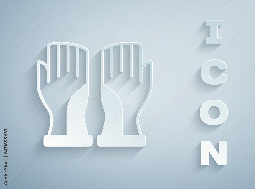 Fototapeta premium Paper cut Firefighter gloves icon isolated on grey background. Protect gloves icon. Paper art style. Vector