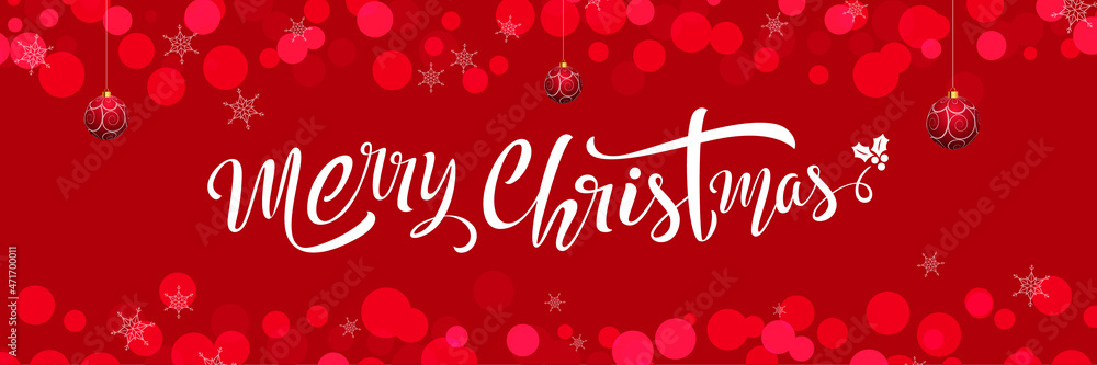 Celebrating Merry Christmas with beautiful typography design template banner on red background with Falling Snowflakes. Vector Design.
