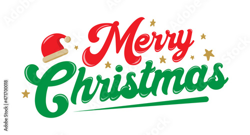 Merry Christmas cheerful fun calligraphy lettering design with Christmas hat and stars. Xmas holiday typography.